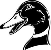 Duck head close-up in happy cartoon mood, black silhouette with smiling expression, flat clean artwork ideal for microstock or trace designs vector