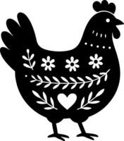 Chicken silhouette in folk art style featuring clean internal patterns, flat black design on white, creative and minimal subject for decorative stock art vector