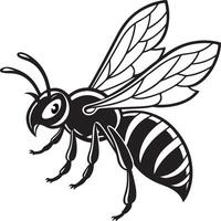 Fierce bee silhouette with pointed stinger and intense face, sharp wing details in clean black design, stock optimized vector
