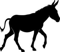 Donkey in walking pose silhouette with raised tail, black clean shape in active mood, minimal simple art ready for microstock and outline tracing vector