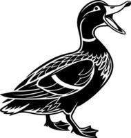 Duck silhouette with open beak in expressive look, flat black cartoon style on white background, clean bold design ideal for tracing or stock graphics vector