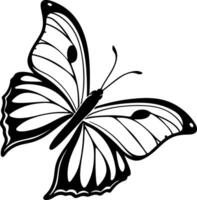 Flying butterfly silhouette with open wings in clean symmetrical style, bold black shape, no background, traceable and stock friendly vector