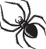 Scary spider silhouette with sharp pointed legs and creepy face, bold black form, clean shape and no background for stock upload vector