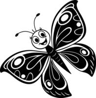 Cartoon butterfly silhouette with joyful face and equal wings, simple clean black design, trace-ready for stock purposes vector