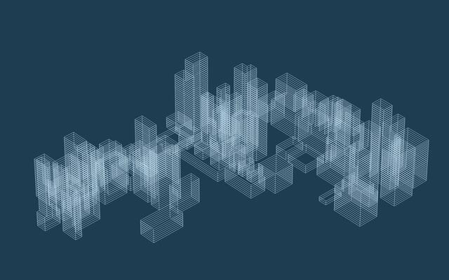 Abstract geometric wireframe in linear style. Matrix cubes pattern background for architectural template design. Schematic design idea.