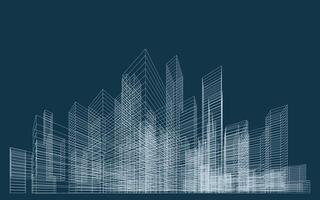 Abstract 3D wireframe perspective of buildings. Wireframe city background. vector