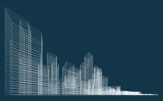 Abstract 3D wireframe perspective of building. Wireframe city background. vector