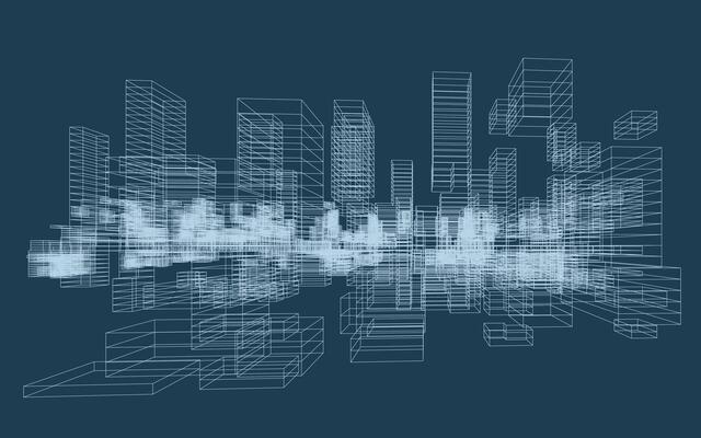 Abstract geometric wireframe in linear style. Matrix cubes pattern background for architectural template design. Schematic design idea of box and space.