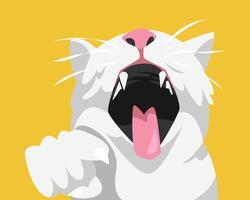 Laughing cat with its mouth wide open, eyes squinting in joy, and one paw playfully pointing forward. Cartoon illustration. vector