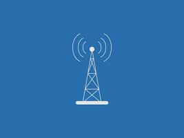 A white outline illustration of a radio tower or mobile tower emitting concentric signal waves on a solid blue background vector