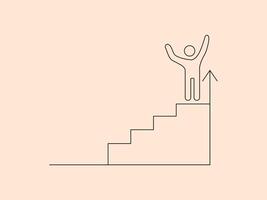 A simple outline drawing of a stick figure with arms raised in triumph at the top of a staircase vector