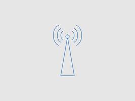 A blue outline illustration of a radio tower or mobile tower emitting concentric signal waves on a solid light grey background vector