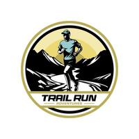 Trail running logo with mountain background vector
