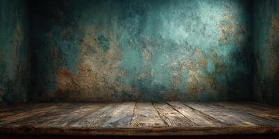 Vintage rustic wooden platform in an abandoned room photo