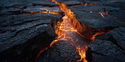 Close up of glowing molten lava flowing through cracked earth photo