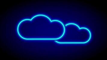 Two neon-outlined clouds in cyan and blue sit calmly on a dark backdrop, offering a clean, modern representation of weather or digital cloud storage video