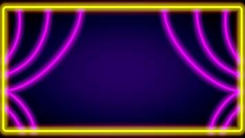 A yellow-bordered stage with drawn pink curtains evokes the anticipation of a performance, blending neon charm and classic theatrics video