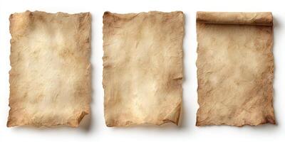 Set of three aged vintage parchment papers with curled edges photo