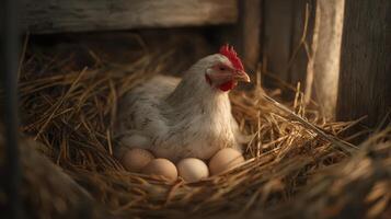 Hen and eggs in a nest under warm light photo