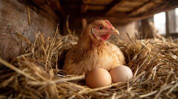 Hen and Eggs in a Nest in Chicken Coop photo