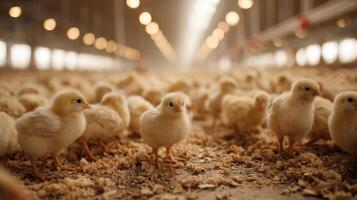 Fluffy Yellow Chicks in Indoor Farming Facility photo