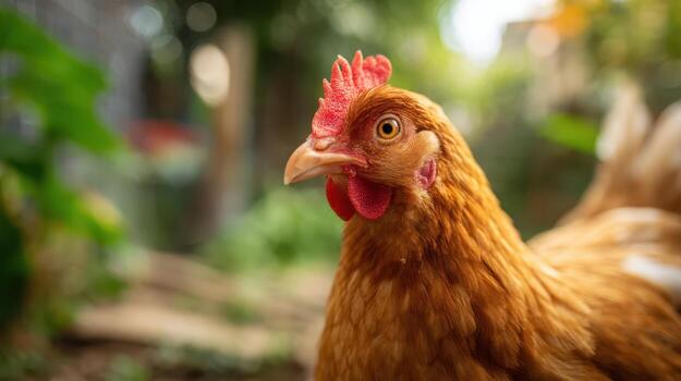Close-up of a Brown Chicken with Red Comb in a Natural Setting photo