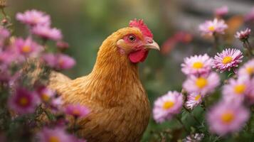 Close-Up of a Chicken Amidst Pink Daisy Flowers in Garden photo