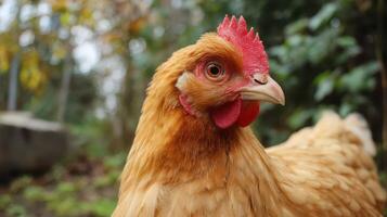 Close-up of a Chicken's Head with Bright Comb and Feathers photo