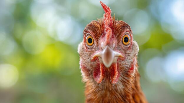Close-Up of a Curious Chicken with Bright Eyes and Red Comb photo