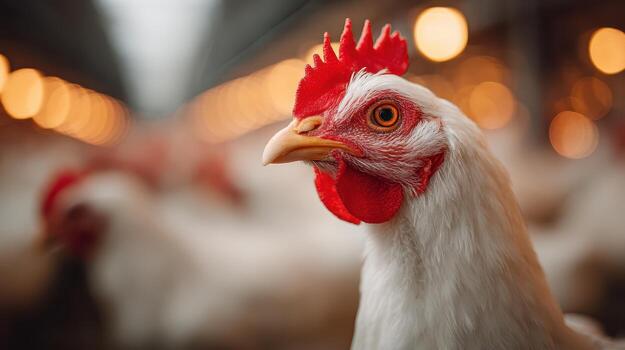 Close-up of a White Chicken with Red Comb and Sharp Beak in Poultry Farm Setting photo