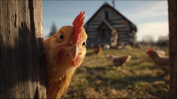 Close-Up of Curious Chicken Peeking from Wooden Structure photo
