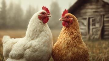 Close-up View of Two Roosters on a Farm in Morning Light photo