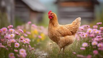 Serene rural scene with a hen amidst blooming flowers and rustic background photo