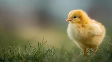 Close up of a fluffy yellow baby chick on grass photo