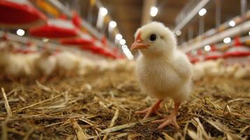 Close up of a baby chick in poultry farm environment photo