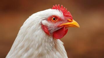 close up of a white chicken head with detailed features photo