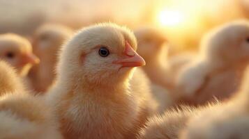 close up of baby chicks with warm sunlight background photo