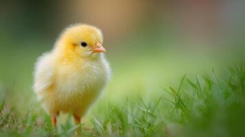 close up of fluffy yellow baby chick in grass photo