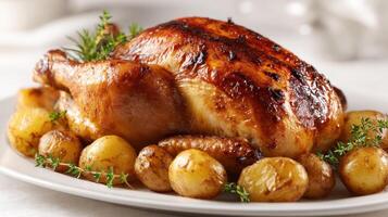 Golden roasted chicken with seasoned potatoes and herbs photo