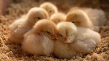 Group of adorable baby chicks resting closely together photo