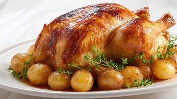 Golden roasted whole chicken with potatoes and herbs photo