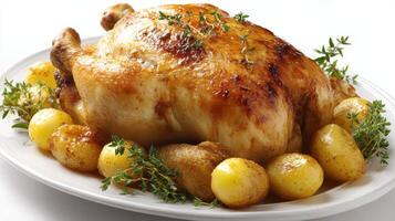 Whole roasted chicken with golden baby potatoes and fresh herbs served on a white platter photo