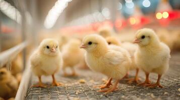 Yellow chicks standing on wire mesh inside poultry farm enclosure photo
