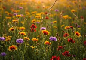 A field of colorful wildflowers, bathed in the warm glow of the setting sun. photo