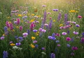 A sunny field of wildflowers in full bloom with a butterfly gently flying nearby. photo