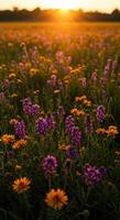 Sunset illuminates a field of wildflowers in full bloom, creating a vibrant natural scene. photo