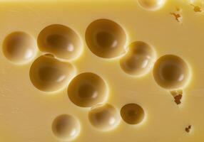 A close up shot of swiss cheese showing its holes and inviting texture. photo