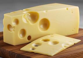 A block of swiss cheese with several holes and a slice on a wooden board. photo