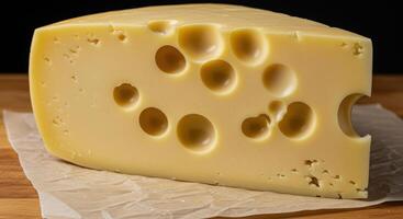 A delectable wedge of Swiss cheese showcasing a beautiful texture and inviting presence. photo
