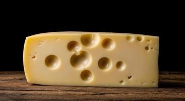 A close up of a block of Swiss cheese with its characteristic holes, on a wooden table. photo